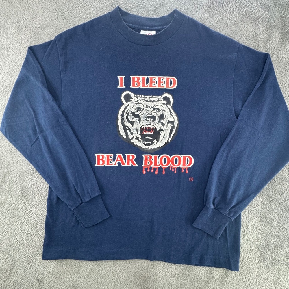 Tee Jays Long Sleeve T-Shirt Mens L Navy Blue Excellent I Bleed Bear Blood USA - Picture 2 of 10